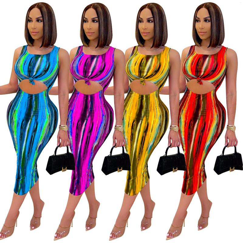 

Casual Dresses 2023 Summer Sexy Round Neck Sleeveless Tie Dyed Open Belly Women' Dress, Blue