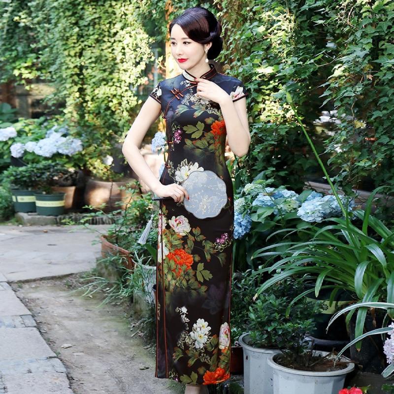 

Ethnic Clothing Sheng COCO Chinese Traditional Classic Old Shanghai China Style Elegant Long Cheongsam Dresses Mother's Black Flowers