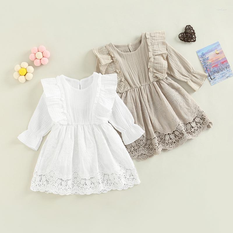 

Girl Dresses Infant Baby Spring Autumn Lace Dress Solid Color Round Neck Long Sleeve A-Line Wedding Stage Costumes For 0-24M, White