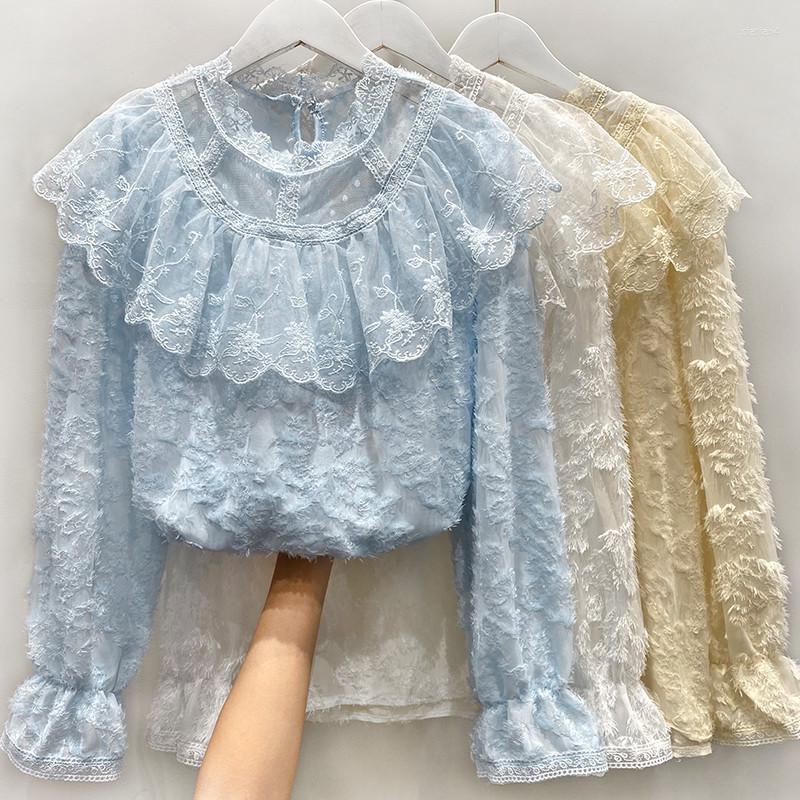 

Women's Blouses 2023 Spring Autumn Sweet O Neck Ruffle Lace Blouse Women Long Sleeve Tassel Mesh Female Flare Shirt Short Tops, Blue