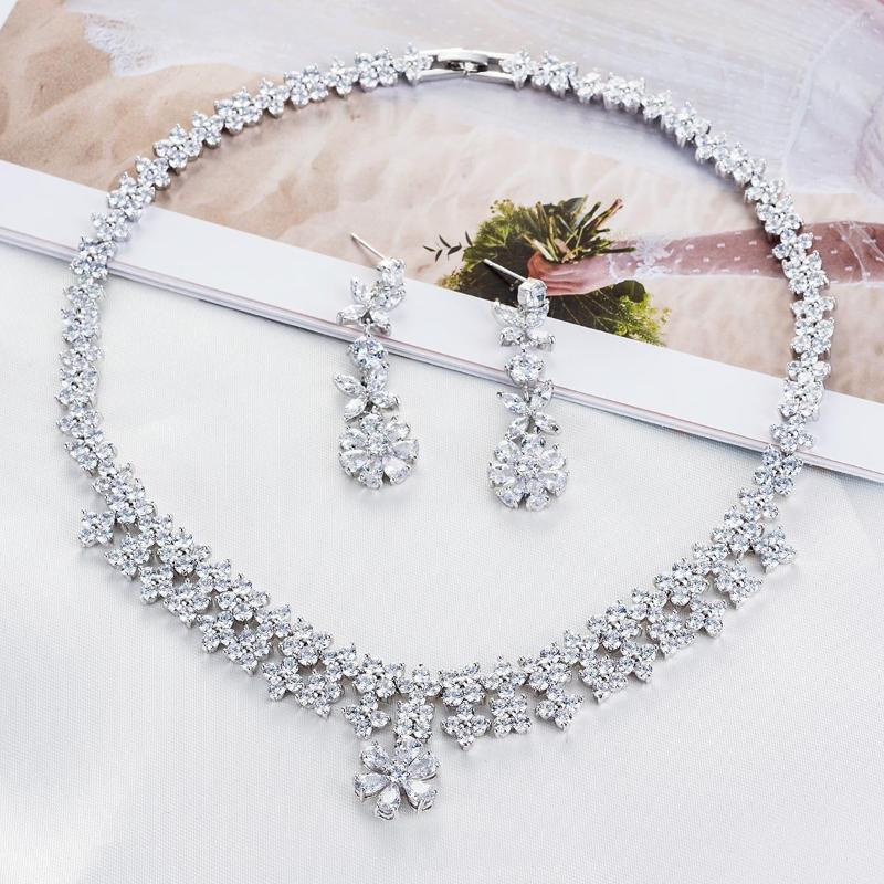 

Necklace Earrings Set Romantic Crystal CZ Cubic Zirconia Bridal Wedding Flower Earring For Women Accessories CN10013, Picture shown