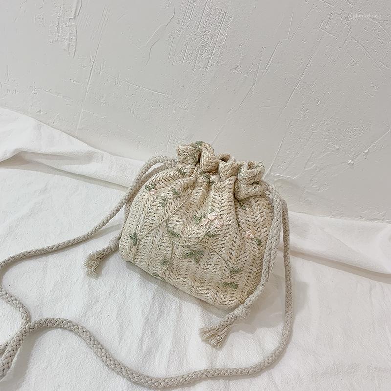 

Evening Bags Women Woven 2023 Fashion Lace Drawstring Bucket Bag Shoulder Straw All-match, Brown
