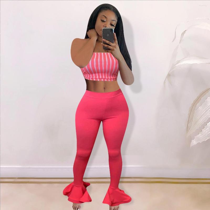 

Women' Tracksuits Fashion 2 Piece Set Women Striped Tube Top Bodycon Ruffle Pant 2023 Summer Party Outfits Female Wholesale, Yellow