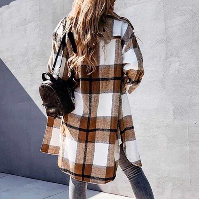 

Women' Jackets Women' 2023 Plaid Single Breasted Long Streetwear Turn-Down Collar Casual With Pockets Casaco Feminino, Black