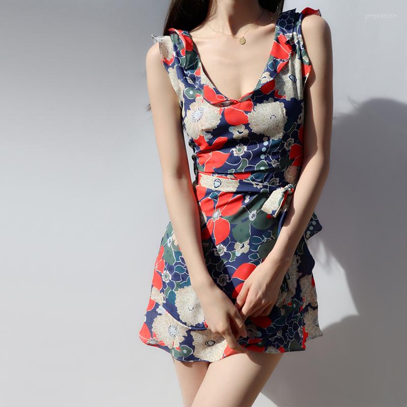 

Casual Dresses Women V Neck Tie Waist Floral Print Mini Dress S942