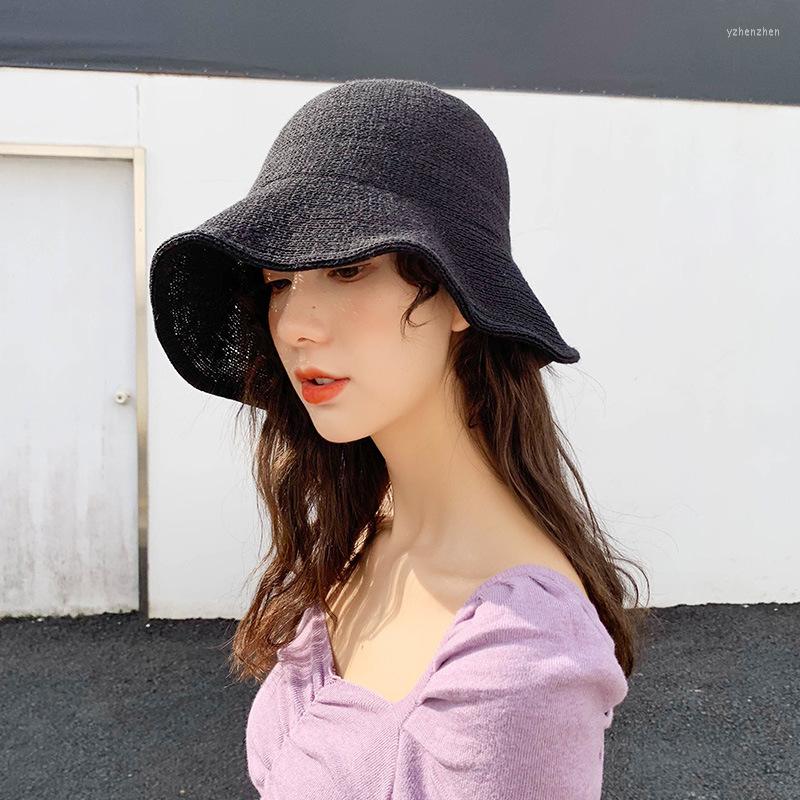 

Berets Japanese Solid Color Bucket Hat Panama For Women Casual Kitted Breathable Outdoor Hip Hop Cap Summer Soft Fishing Sun, Black