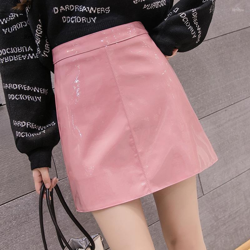 

Skirts 2023 Autumn & Spring Arrival Patent Leather Mirror Candy PU Skirt High Waist Solid Slim A-line, Beige