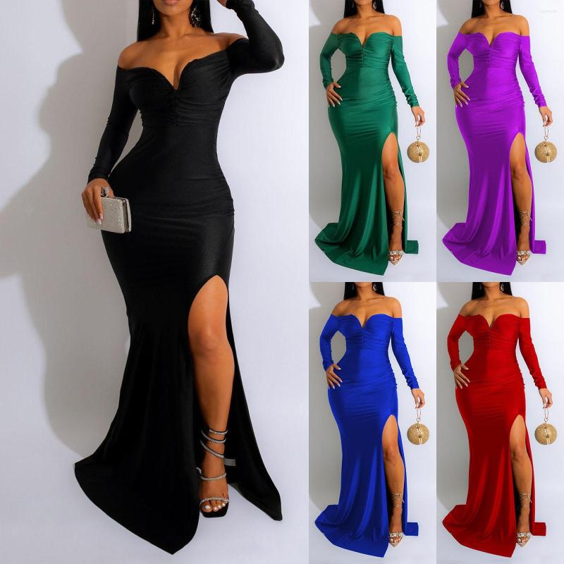 

Casual Dresses Women V Neck High Split Long Formal Evening Dress Maxi Party Gown Sleeve Slit Prom, Black