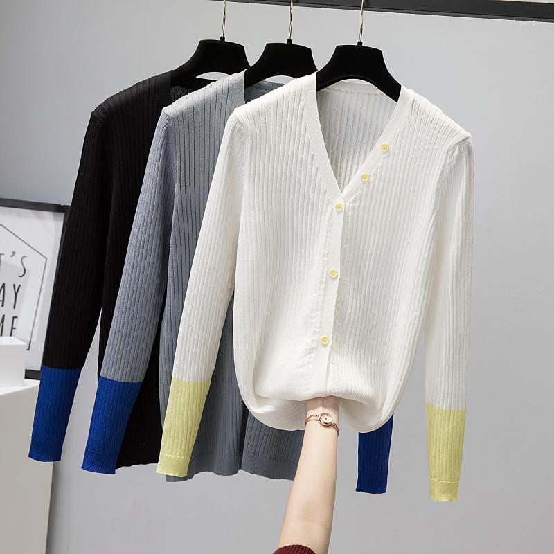 

Women's Knits Summer Fashion Patchwork Long Sleeve Women Classic V Neck Knitted Button Up Cardigan Korean Sweater Femme Jersey Luxury, Gray