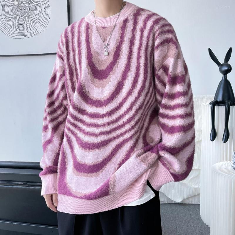 

Men's Sweaters Mohair Stripe Fashion Men's Sweater Loose Harajuku Korean Unisex Clothing Autumn Winter Brand Male Knitted Pullovers, Pink