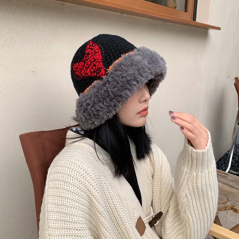 

Berets Thicken Warm Knitted Hat For Women Heart Embroidery Fisherman Autumn And Winter Unisex Retro Harajuku Bucket, S1