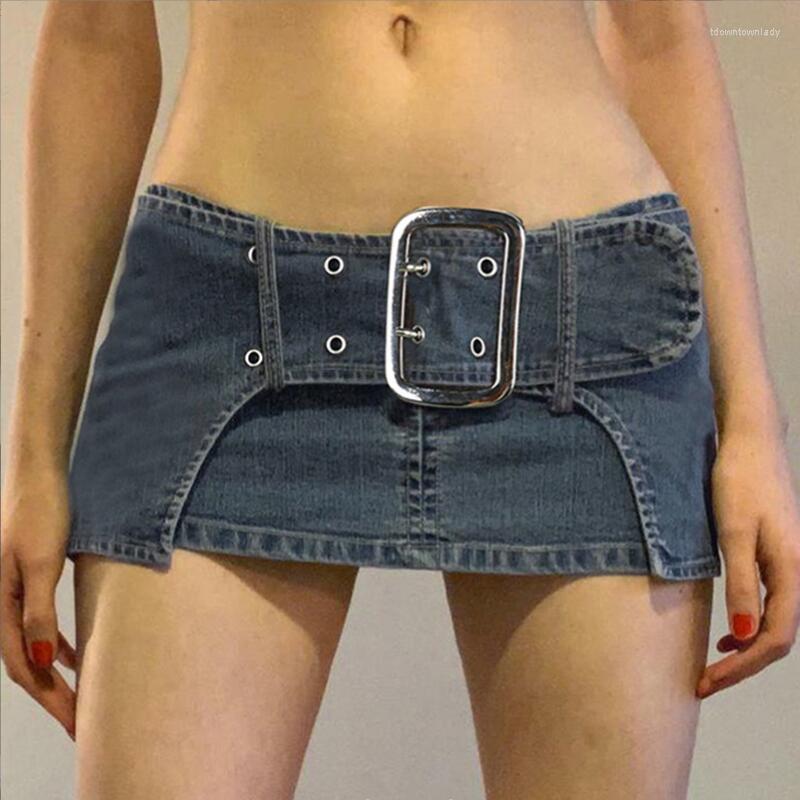 

Skirts Y2k Belted Low Rise Micro Mini 2023 Women Vintage Denim Skirt Harajuku Streetwear American Breasted W352, Blue