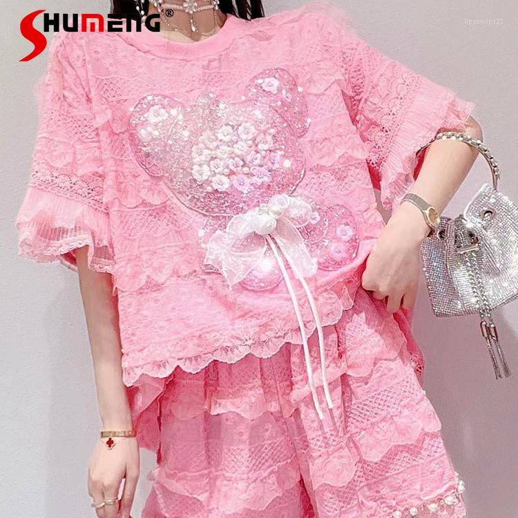 

Women's Tracksuits Women's 2023 Summer Korean Style Fashion Sweet Beads Sequined Bear Lace Top Ladies Fairy Simple Shorts Solid, White 8168