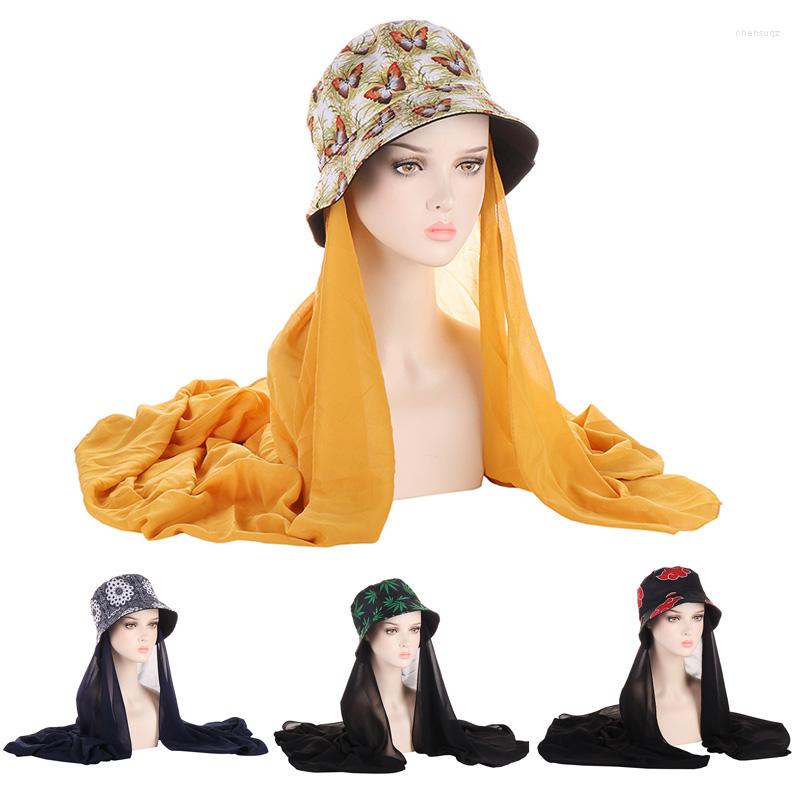 

Berets Fashion Summer Print Muslim Bucket Hats Women Chiffon Scarf Sports Sun Protection Hat Elegant Windproof Fisherman Cap, Black leaves