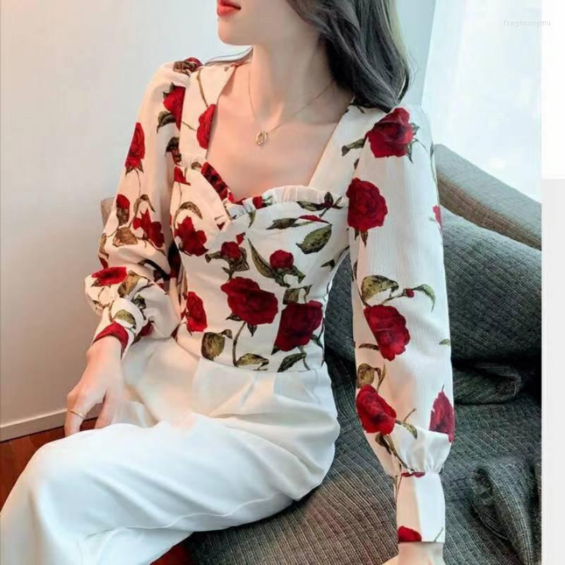 

Women' Blouses Women' Summer Design Sense Of Niche Square Neck Floral Top Fashion Self-cultivation Western Style Wear Chiffon Shirt, Flower