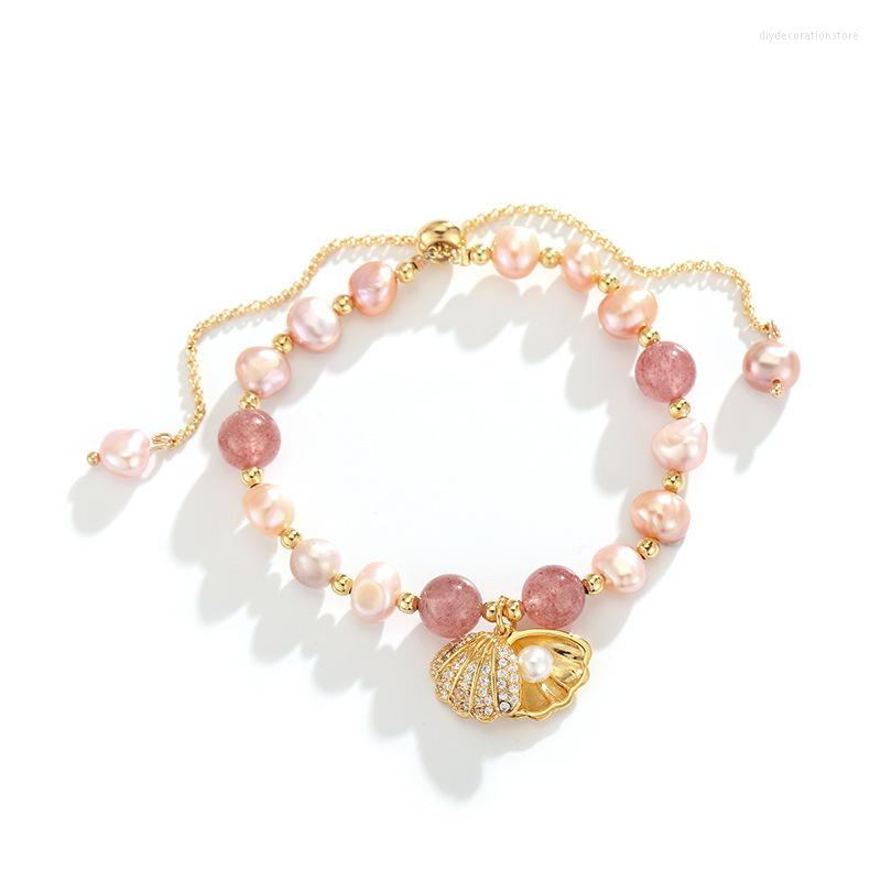 

Charm Bracelets Minar Chic Pink Color Irregular Freshwater Pearl Beaded Bracelet For Women Red Crystal Natural Stone Shell