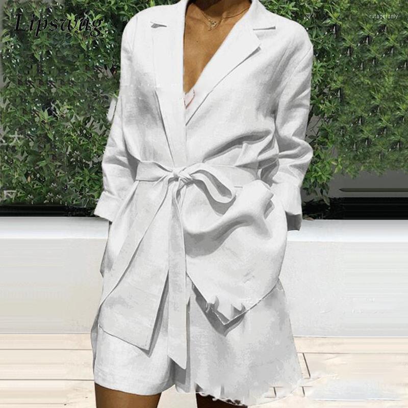 

Women's Tracksuits Autumn Office Fashion Turn-down Collar 2 Piece Set Women Elegant Lace-Up Tops And Short Pants Lady Casual Long Sleeve, 01 white