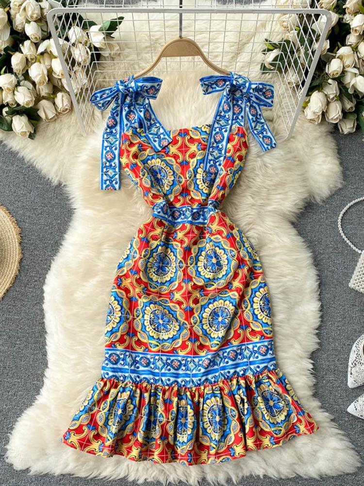 

Casual Dresses 2023 Summer Fashion Retro Vestidos Female Print Bow Decoration Square Neck Strap Midi Dress 600, Ligth blue