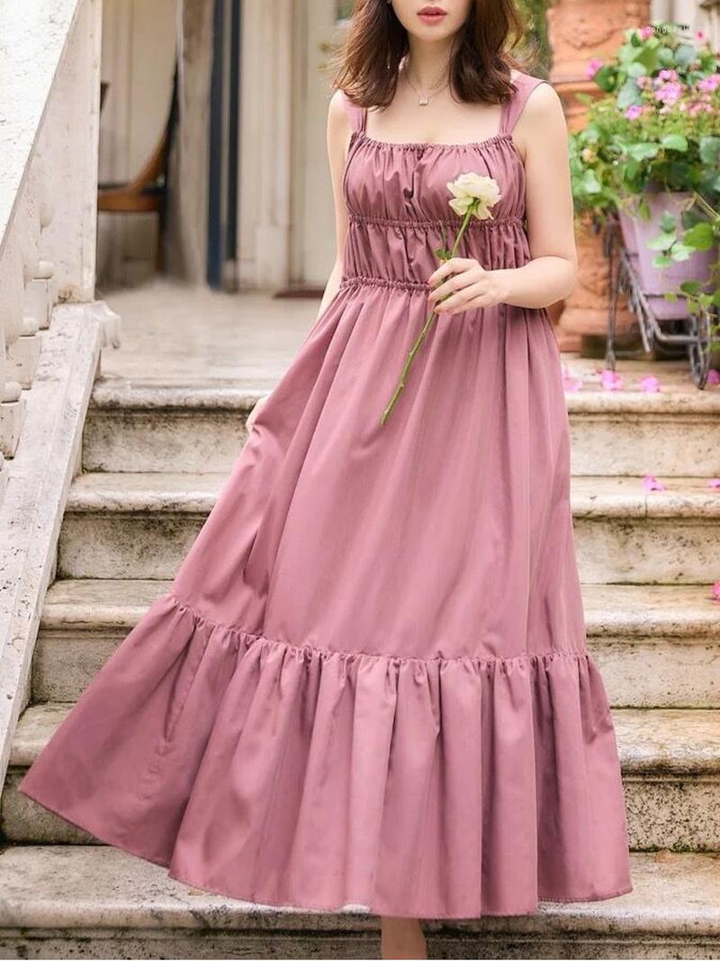 

Casual Dresses Square Collar Sleeveless Robe Femme Feminino Sexy Chic Pleated Drawstring Women Dress Summer Retro Elegant Big Swing, Pink