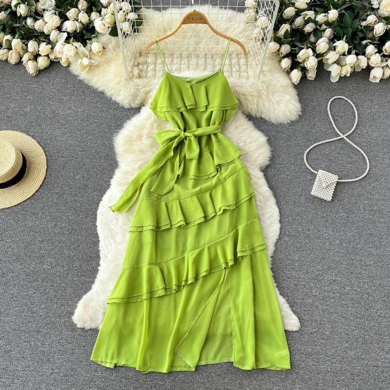 

Casual Dresses Women Fashion Summer Sleeveless Seaside Sweet Chiffon Dress Lace Waist Ruffled Green Vestido De Mujer G303