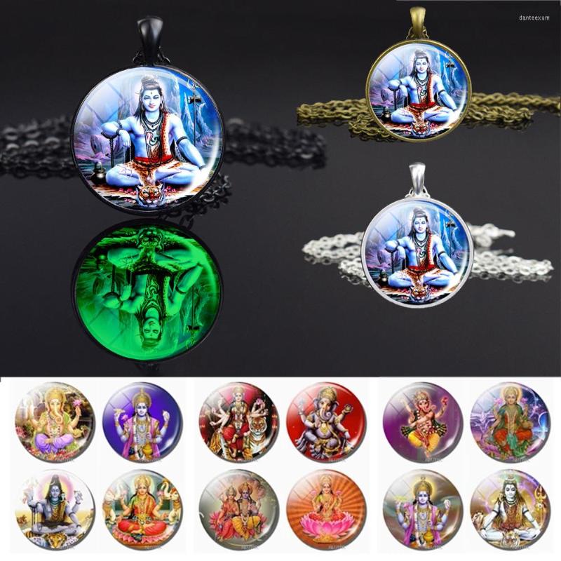 

Pendant Necklaces Luminous Shiva Glass Dome Necklace Krishna Radha Black Bronze Silver Color Chains Religious Jewelry For Wome