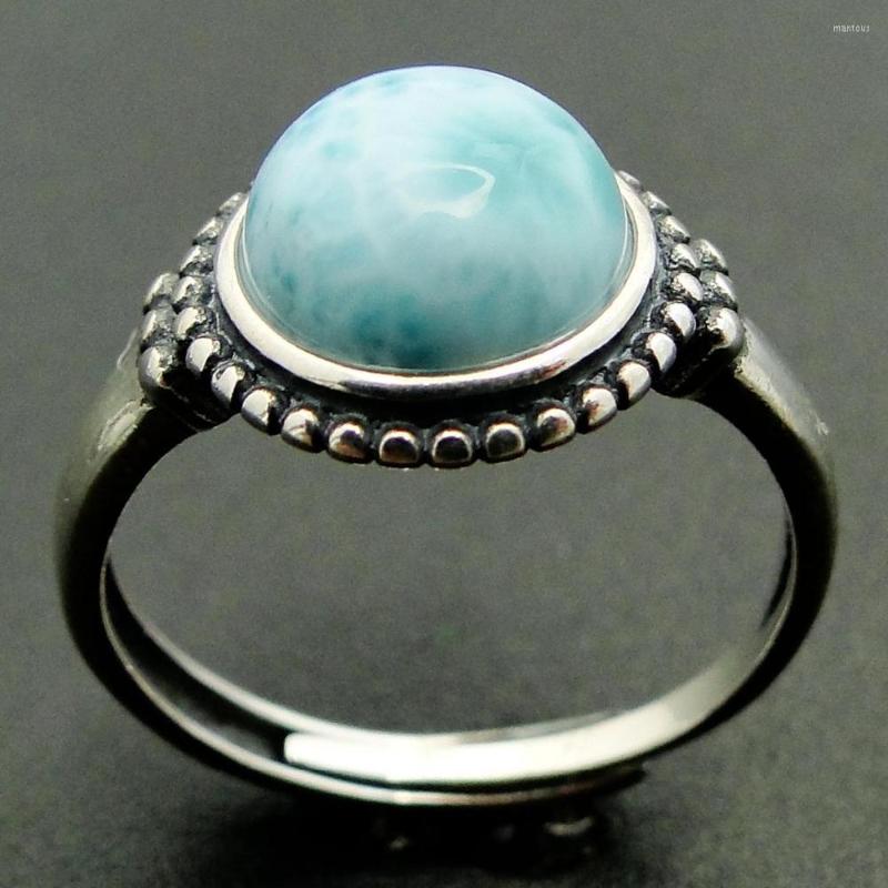 

Cluster Rings Vintage Design Natural Larimar Ring 925 Sterling Silver Jewelry Round Stone Wedding Women Adjustable Size