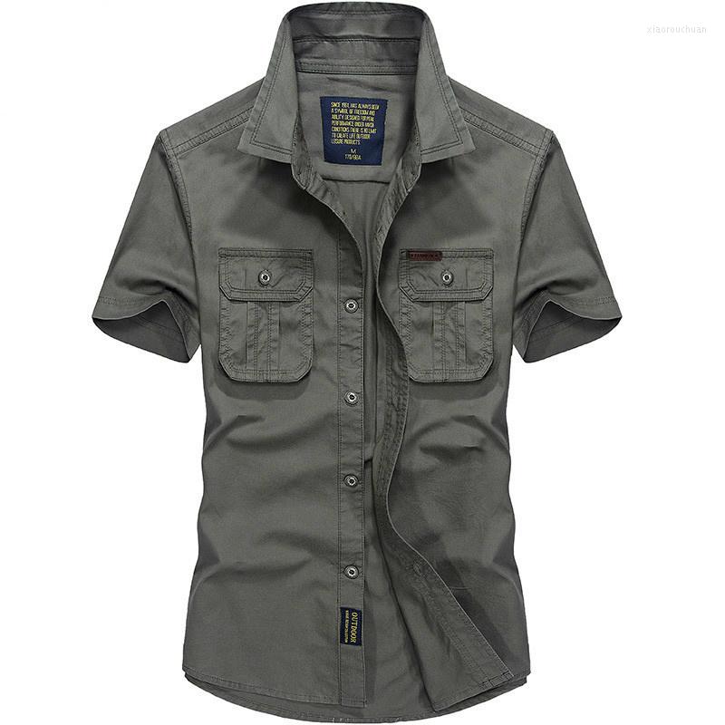 

Men's Casual Shirts 2023 Mens Cotton Military Dress Short Sleeve Slim Tops Work Shirt Male Solid Summer Trendy Chest Pocket 4XL, Green