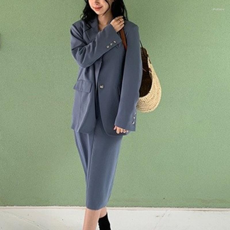 

Work Dresses Korean Fashion Dress Sets Female OL Notched Collar Loose Long Sleeve Blazer High Waist Back Slit Midi Skirt Drop, Red