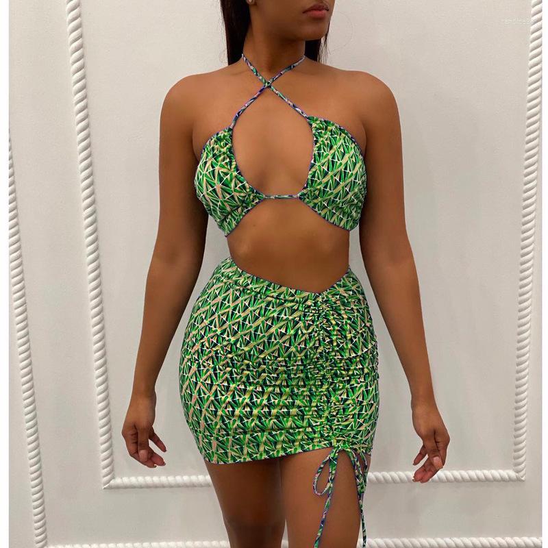 

Work Dresses Geometric Pattern Two Piece Set Women Sexy Lace Up Halter Cropped Bra Mini Ruched Drawstring Dress Co-ord Outfit Female, Blue