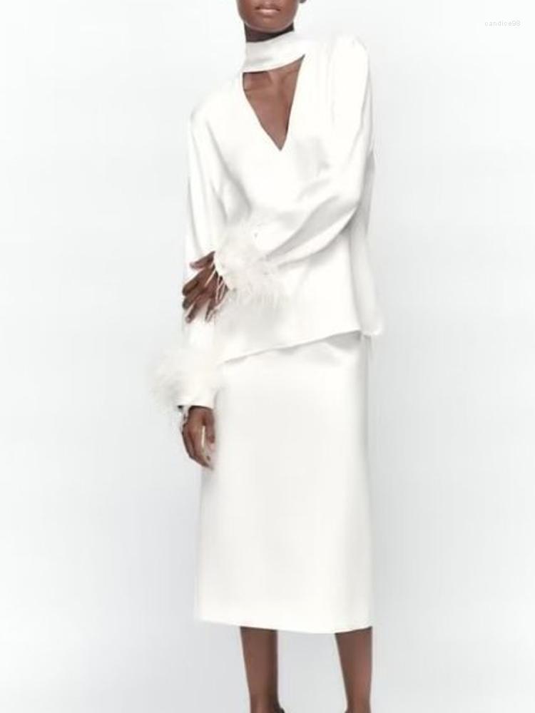

Work Dresses Kumsvag Women Satin Skirt Suits 2 Pieces Sets 2023 Summer Solid Feathers Blouses Tops And Female Street Suit Clothes