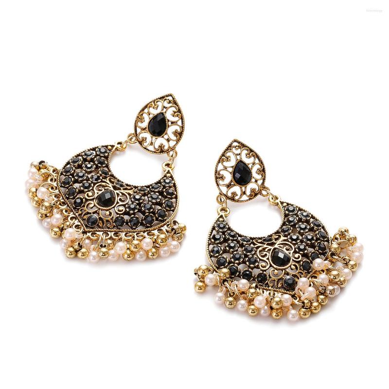 

Stud Earrings Luxury Black Crystal Piercing Women's Vintage Bollywood Gold Color Carved Alloy Pendient