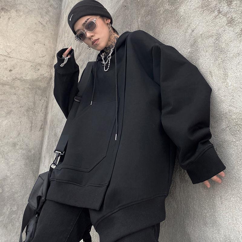 

Men' Hoodies Solid Color Hooded Autumn And Winter Plus Velvet Thickening Trend Asymmetric Design Loose Top Tide Brand