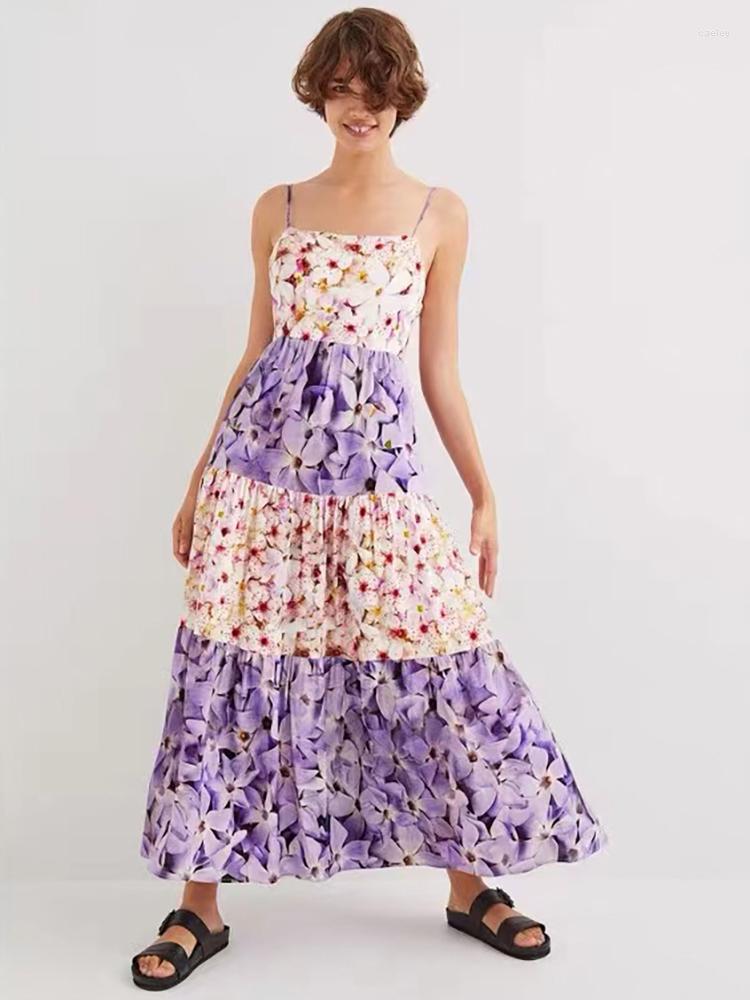 

Casual Dresses Delocah Summer Women Fashion Runway Holiday Long Dress Sexy Spaghetti Strap Colorblock Floral Print Cascading Ruffle Hem, Multi