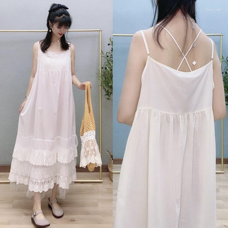 

Casual Dresses 2023 Mori Girl Cotton Embroidery Lace Splicing Long Sling Dress Women Loose Sleeveless, Beige