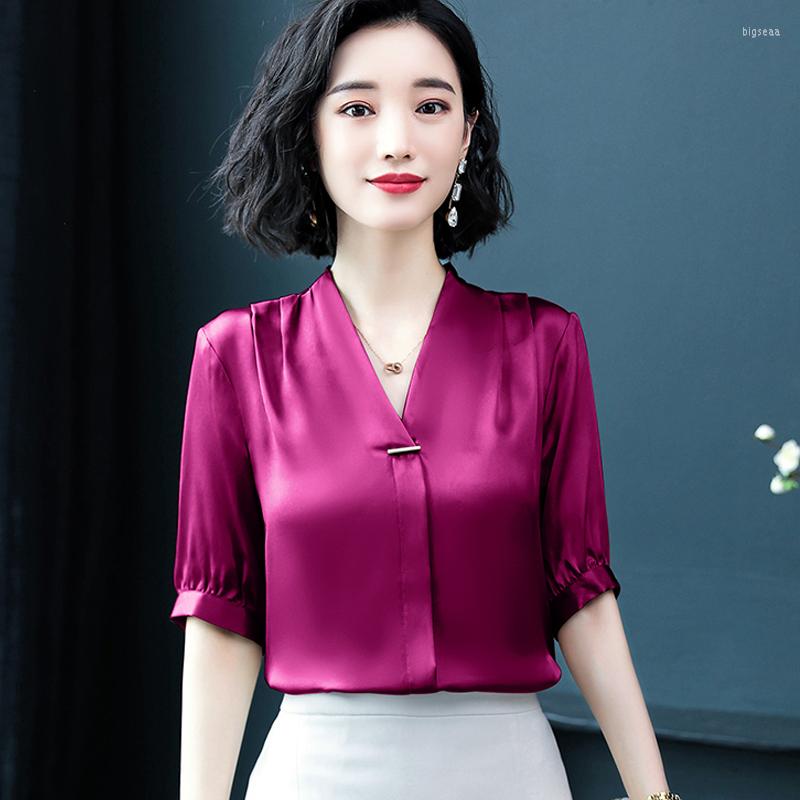 

Women' Blouses Elegant Solid Women Blouse 2023 Summer Half Sleeved V-neck Slim Office Lady Pulls All Match Outwear Tops, See chart