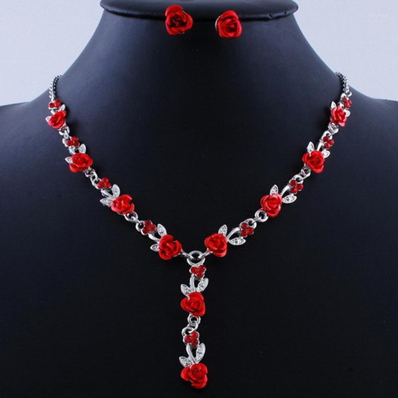 

Necklace Earrings Set Wholesale Bridal Red Rose Flower Pendant Stud Earring Silver Plated Jewellery Women, Picture shown