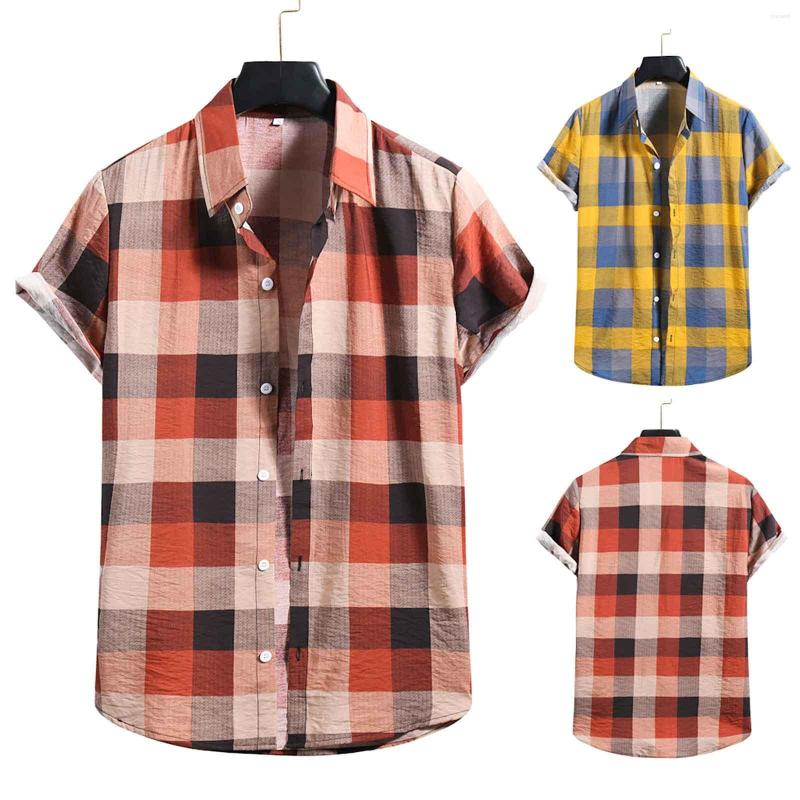 

Men' Casual Shirts Collar Press Men' Fashion Cotton Linen Print Plaid Short Sleeve Button Shirt Blouse Top Tech Long, Red