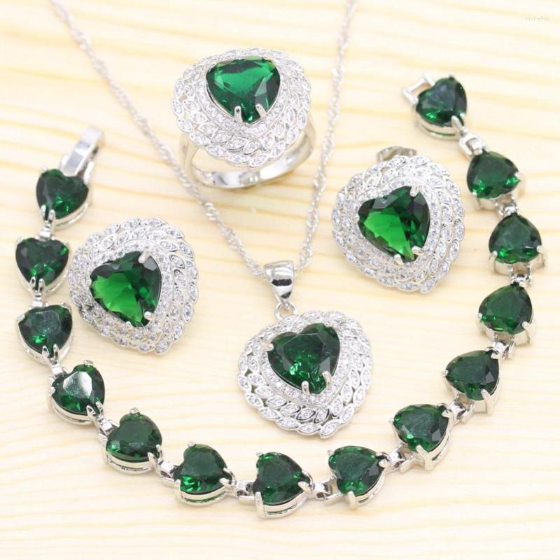 

Necklace Earrings Set Women 925 Sterling Silver Green Crystal Stud Pendant Ring Bracelets Jewelry G, Picture shown