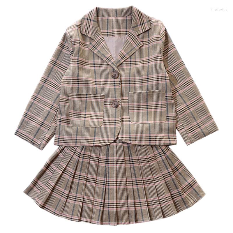 

Clothing Sets Girls Plaid Suit Spring School Children Clothes Long Sleeve Blazer Pleated Skirt Two Piece Kids Pants Girl Outfits 10 12 Y, Cost skirt 2 pcs