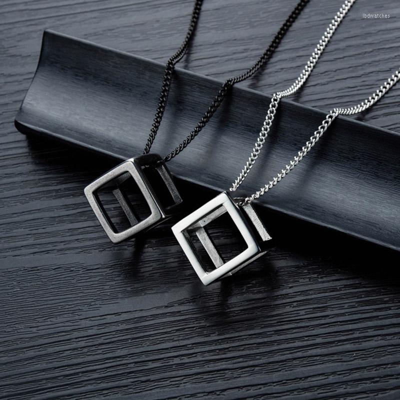 

Pendant Necklaces Minimalist Geometric Hollow Cube Necklace Cool Mens Hip Hop Titanium Chain For Male Female Jewelry Accessories