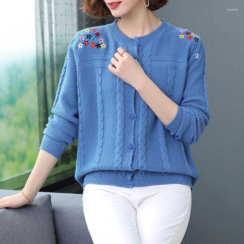

Women's Knits Women 2023 Spring Autumn Knitted Fashion Cardigan Female O-Neck LongSleeve Embroidery Floral Loose Sweater Coat H37, Black