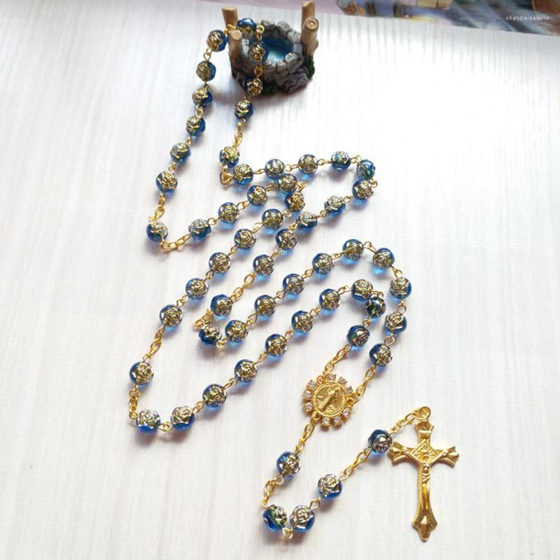 

Pendant Necklaces Diyalo Religious Blue Rose Prayer Beads Chain Rosary Necklace Rhinestone St Benedict Medal Crucifix Cross Jewelry