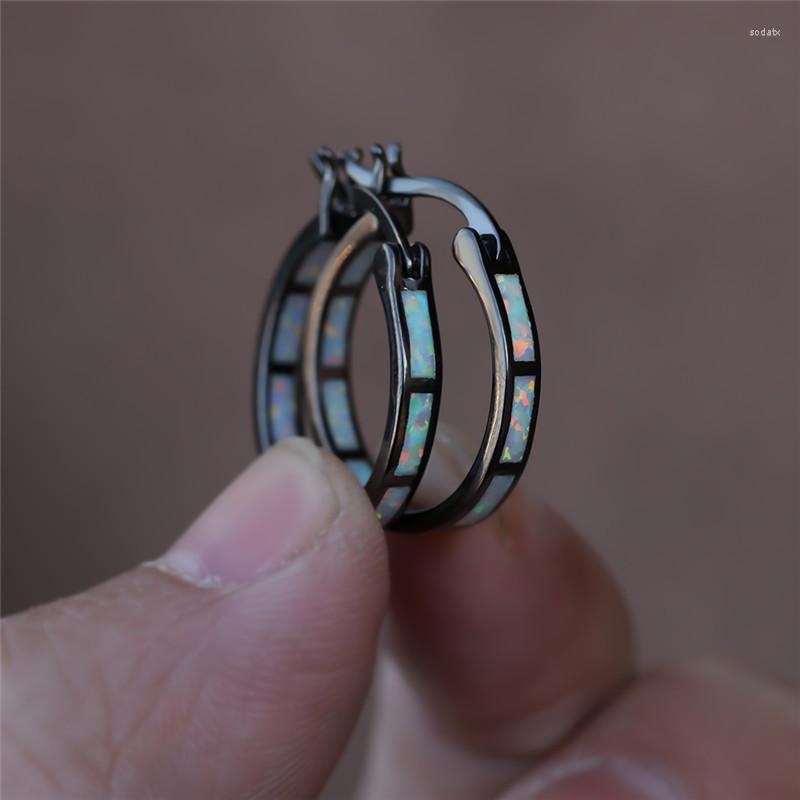 

Hoop Earrings Charm Birthstone White Blue Opal For Women Vintage Fashion Black Gold Round Circle Female Wedding Jewelry