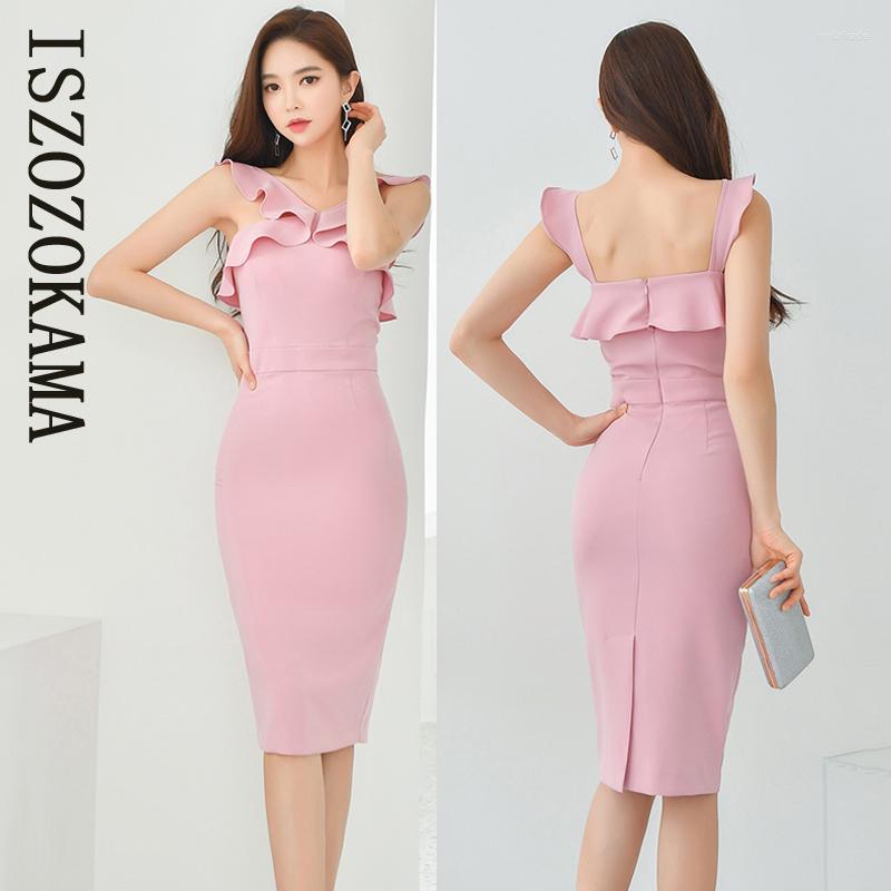 

Casual Dresses ISZOZOKAMA Pink Sexy Bodycon Dress One Piece Korean Ladies Summer Ruffle Sleeveless Cabaret Party Knee Office For Women