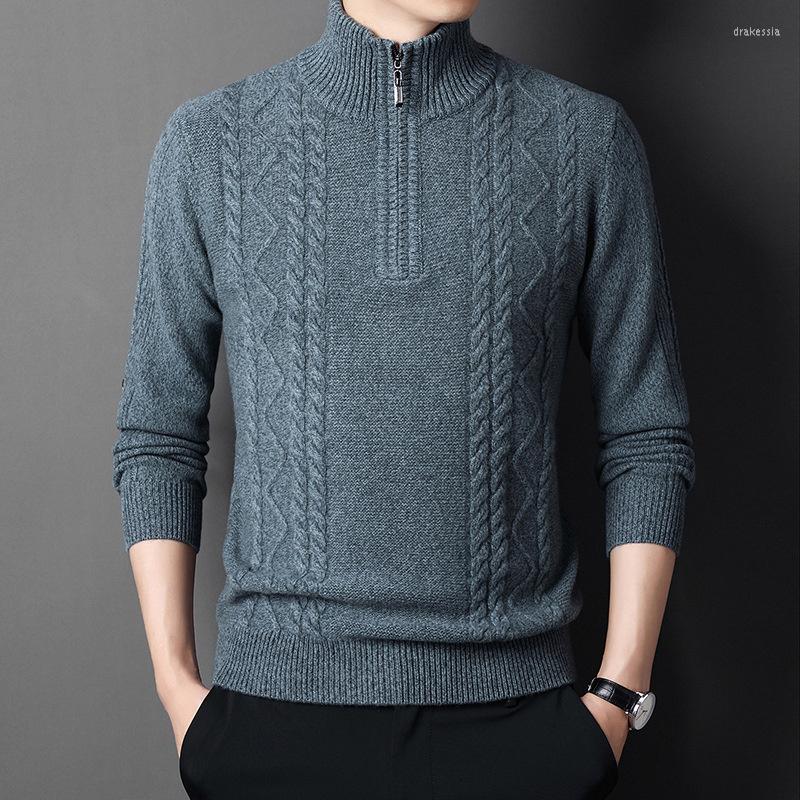 

Men's Sweaters 2023 Autumn And Winter Shirt Men's Middle Aged Fashion Half High Neck Zipper Sweater Warm Keeping Thickened Cashmere, Deep blue