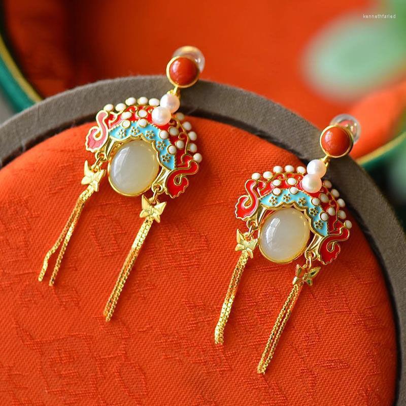 

Dangle Earrings Gilt Inlaid Oval Natural Hetian Yunan Red Tourmaline Pearl Exquisite Luxury Girls Silver Jewelry