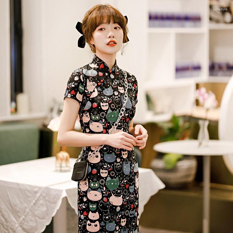 

Ethnic Clothing Sheng Coco Girls' Black Cheongsam Cartoon Pattern Summer Fresh Young Chinese Style Mini Daily Improved Qipao Dresses