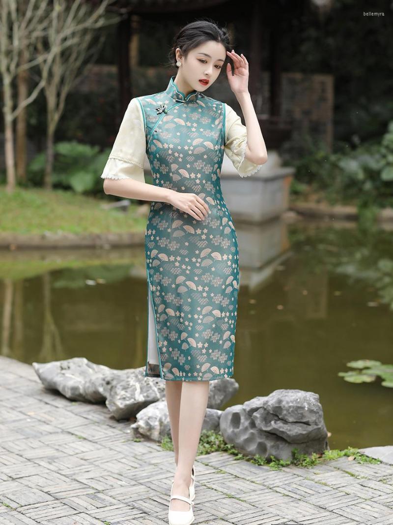 

Ethnic Clothing Elegant Mandarin Collar Beaded Lace Trim Half Sleeve Satin Cheongsam Women Sexy Chinese Traditional Handmade Buttons Qipao