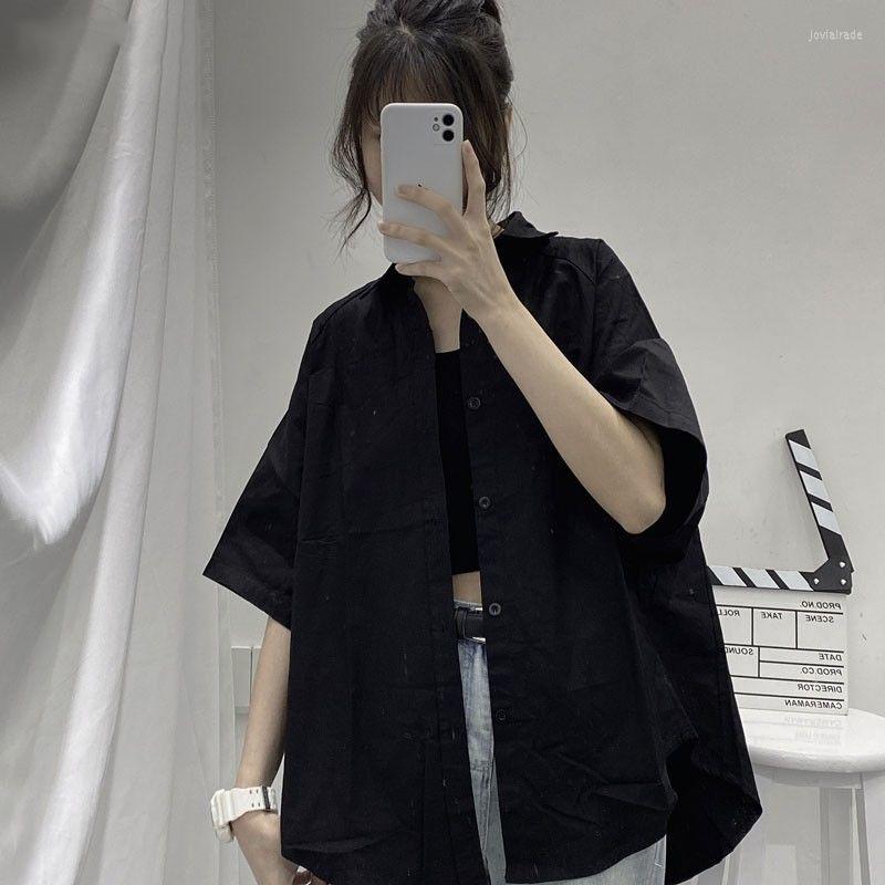 

Women' Blouses DAYIFUN Women Shirts Solid Harajuku Loose Vintage Large Size Tops Short Sleeve Lapel Summer Basic Black Female Clothing, White