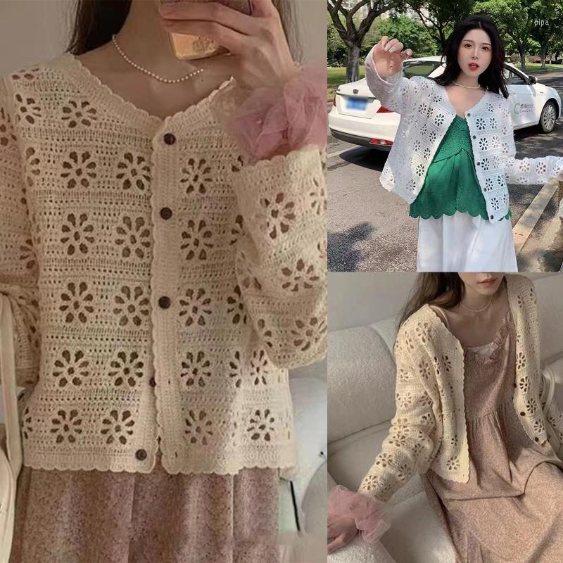 

Women's Polos Scalloped Trim French Style Knit Floral Button Down Jacket Coat Blouse For Women, White